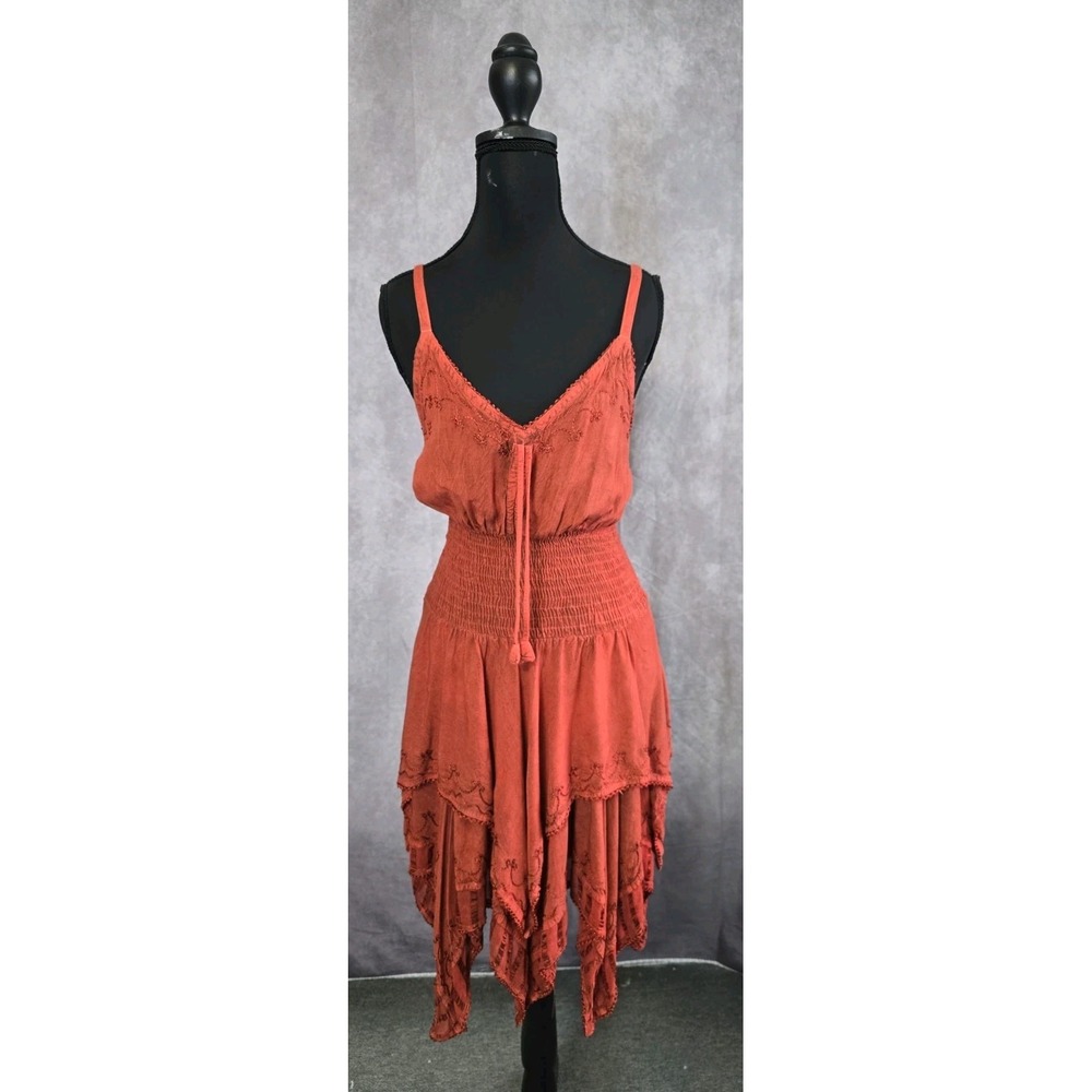 Wevez Women's Silk Orange Embroidered Spaghetti Strap Dress Free Size Hippie